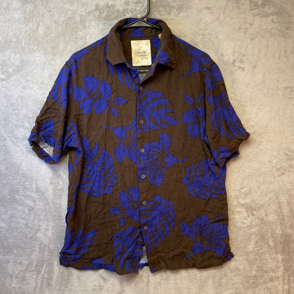 Tasso Elba Island Mens Medium Brown Blue Tropical Floral Rayon Button Down Shirt